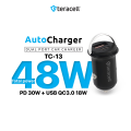 Auto punjac Teracell Evolution TC-13 PD 30W + USB QC3.0 18W, 48W (total) sa PD Lightning kablom crni.