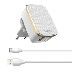 Kucni punjac LDNIO A1204Q Quick Charge 3.0 USB 5V 2.4A sa type C kablom beli.