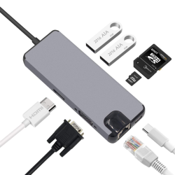 Adapter Type C na RJ45 (LAN) HDMI VGA 2xUSB 3.0 PD SD microSD 8u1 JWD-TC32.
