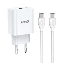 Kucni punjac Superior SU-P102 20W Super Fast USB A QC3.0+Type C sa Type C na Type C kablom beli (CERT) (MS).