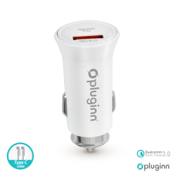 Auto punjac Pluginn PI-21S, PD 20W, QC 3.0 18W, sa PD Type C kablom beli.