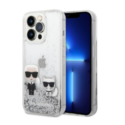 Futrola Karl Lagerfeld Hc Liquid Glitter Karl&Choupette za iPhone 14 Pro srebrna (KLHCP14LGKCS).