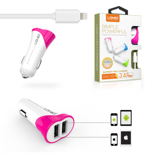 Auto punjac LDNIO C332 dual USB 3.4A sa iPhone lightning kablom pink.