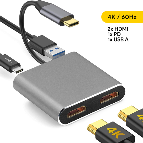 Adapter Type C na HDMIx2 PD USB3.0 4 u 1 sivi.