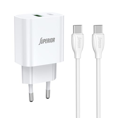 Kucni punjac Superior SU-P102 20W Super Fast USB A QC3.0+Type C sa Type C na Type C kablom beli (CERT) (MS).