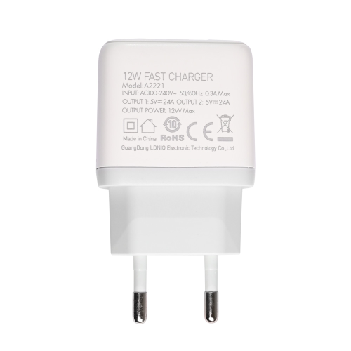 Kucni punjac LDNIO A2221 2xUSB, 12W sa iPhone lightning kablom beli.
