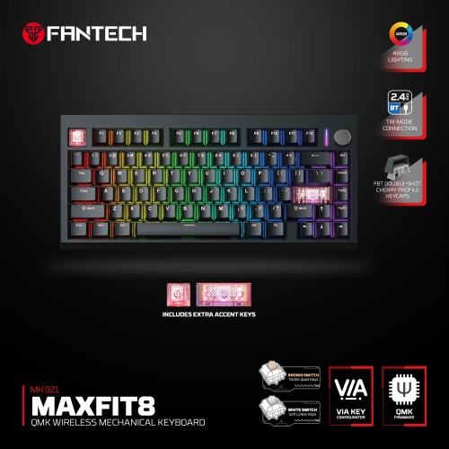Tastatura Mehanicka Gaming Fantech MK921 Maxfit 8 Wireless black brown switch.